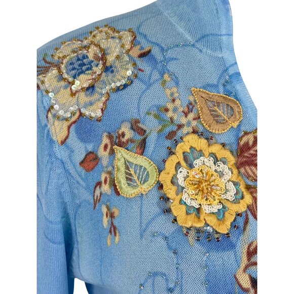 Vtg Alberto Makali Embroidered Floral Beaded Sequin Blue Knit Top M | Boho Indie - Picture 4 of 16